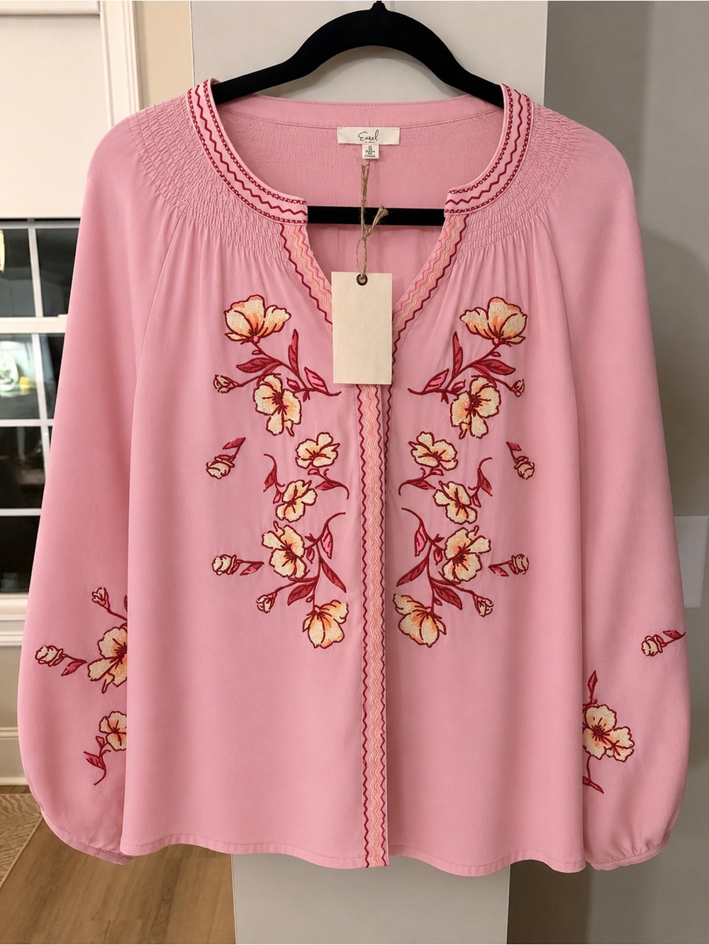 Embroidered Pink Peasant Blouse with Floral Detail 🌸NEW - Picture 2 of 6
